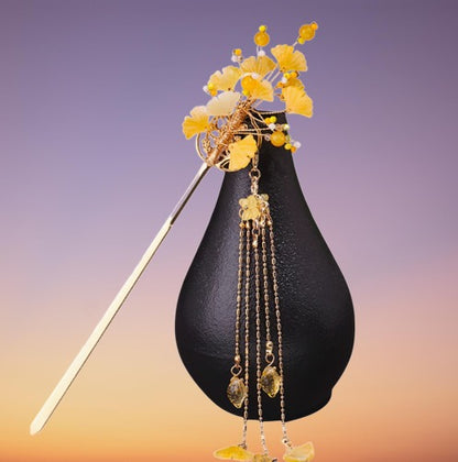 Moonlit Oak Leaf Serenade: Silver Oak & Flowing Tassels Hairpin / Hair stick