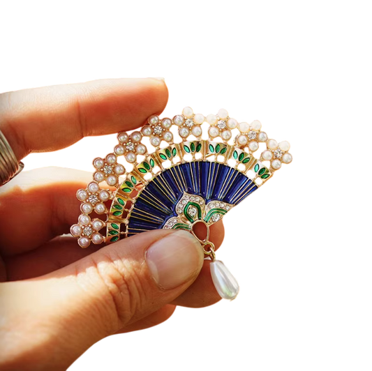 The Moonlit Pavilion's Adornment: A Vintage Enamel Fan Brooch