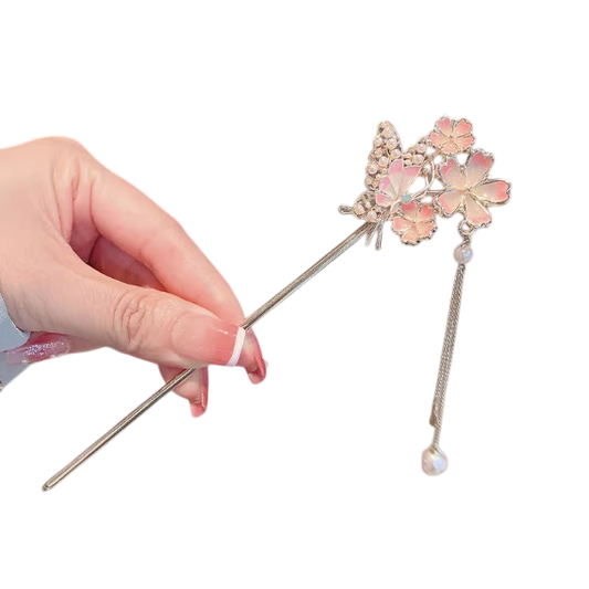 Eternal Blossom, Butterfly's Embrace: Antique Chinese Floral Pearl Butterfly Adorned Hairpin / Hair stick