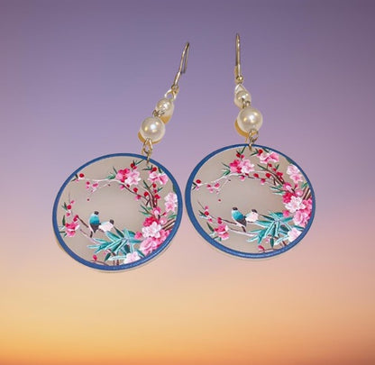 Elegantly Crafted Ancient Chinese Magpie Embracing Spring Blossom Earrings