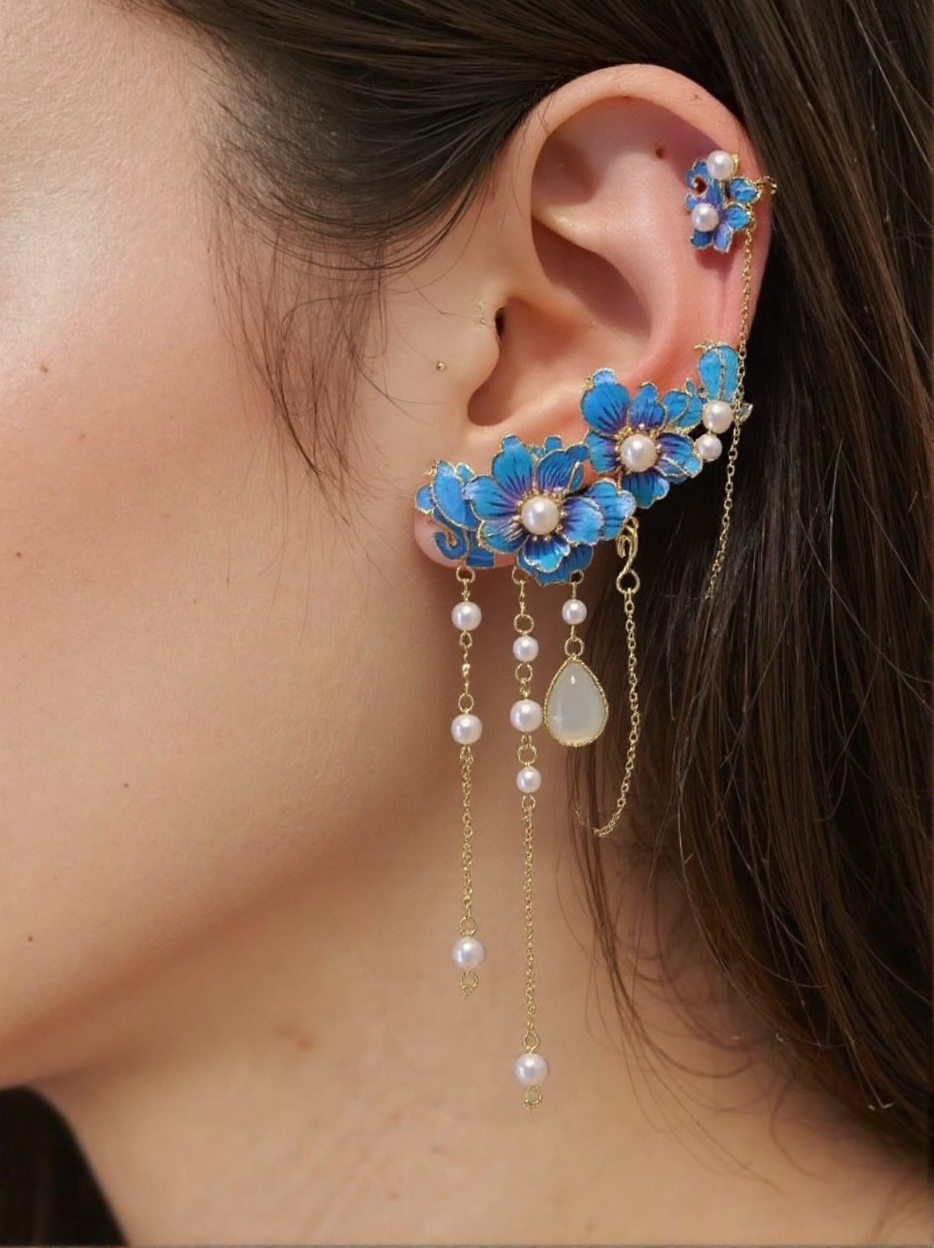 Ephemeral Dreams of the Azure Blossom: Floral Pearl Tassel Earrings & Ear Clips, A Celestial Echo