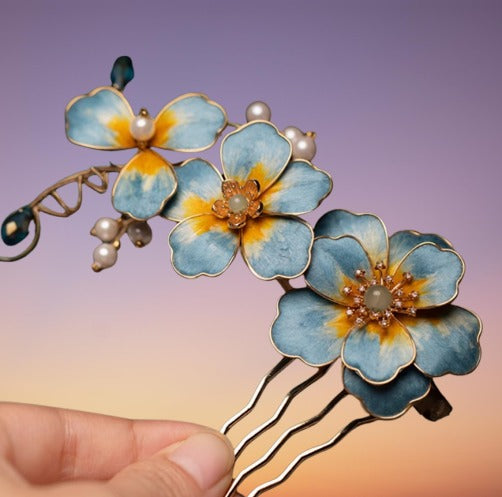 Whispers of Sapphire Bloom: An Elegant Blue Velvet Hair Comb