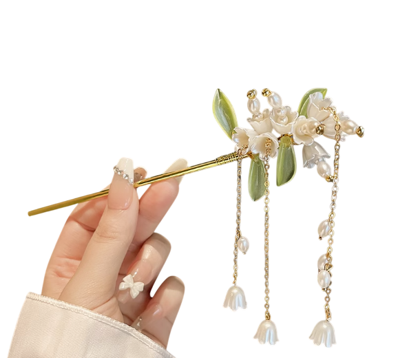 Moonlit Serenade Hair Ornament: Antique Chinese Floral Embellished Lily of the Valley and Jade Green Foliage Tassel Hairpin/ Hair stick