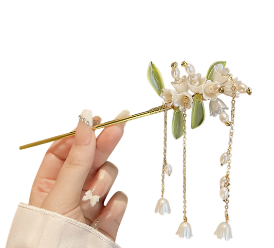 Moonlit Serenade Hair Ornament: Antique Chinese Floral Embellished Lily of the Valley and Jade Green Foliage Tassel Hairpin/ Hair stick