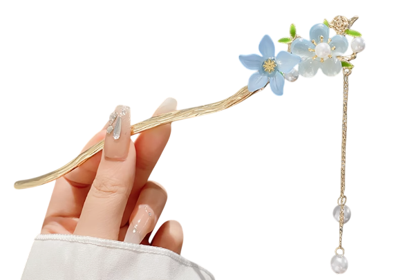 Azure Blossoms' Whisper: Delicate Twin Floral Tassel Hairpin / Hair stick