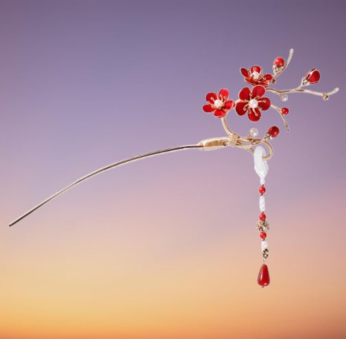 Whispers of Red Plum Blossom: Ancient Lore Tassel Hairpin Adornment