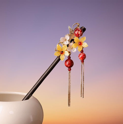 The Empress's Emblazoned Blossom: Delicate Floral Hairpin with Tassels