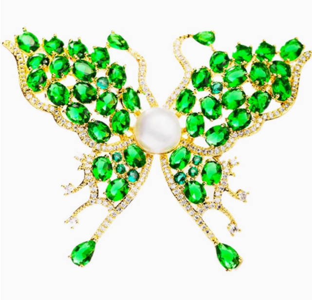 Whispers of Emerald Wings: A Luxury Pearl-Kissed Butterfly Brooch