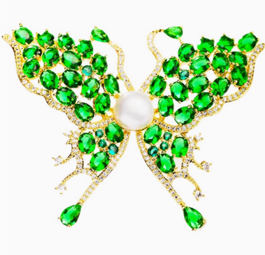 Whispers of Emerald Wings: A Luxury Pearl-Kissed Butterfly Brooch