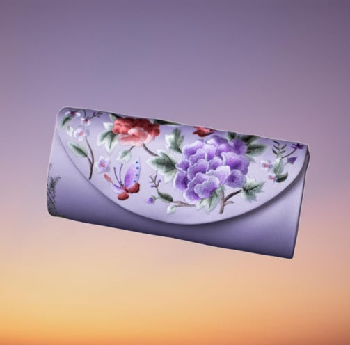 Ephemeral Blossom: Embroidered Silk Clutch with Floral Butterflies