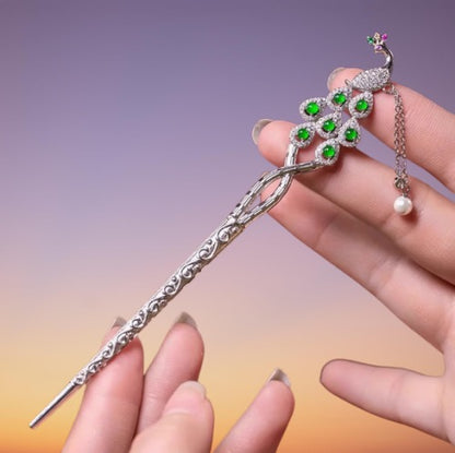 The Emperor's Garden Peacock: Moonlit Peacock's Jade Serenade Hairpin/ Hair stick