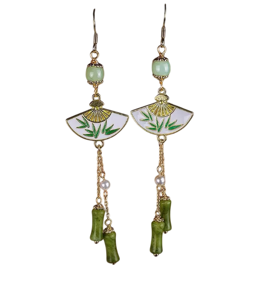 Ephemeral Dreams, Verdant Folding Fan: Romantic Bamboo-Patterned Earrings of the Orient