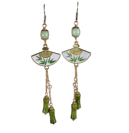 Ephemeral Dreams, Verdant Folding Fan: Romantic Bamboo-Patterned Earrings of the Orient