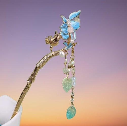 The Azure Lake: Ancient Cloisonné Blossom Hairpin/ Hair stick