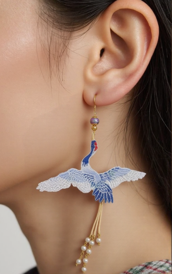 Enchanted Celestial Crane Elegance: Exquisite Chinese-style Embroidered Earrings of Ethereal Whimsy