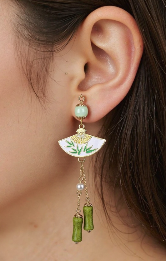 Ephemeral Dreams, Verdant Folding Fan: Romantic Bamboo-Patterned Earrings of the Orient