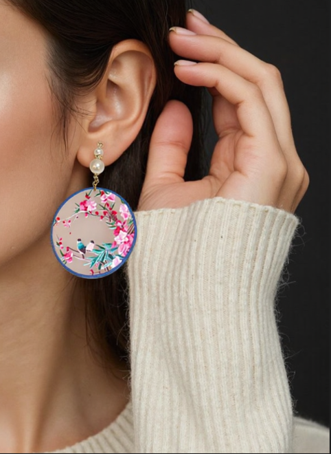 Elegantly Crafted Ancient Chinese Magpie Embracing Spring Blossom Earrings