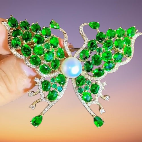 Whispers of Emerald Wings: A Luxury Pearl-Kissed Butterfly Brooch