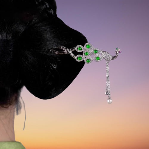 The Emperor's Garden Peacock: Moonlit Peacock's Jade Serenade Hairpin/ Hair stick