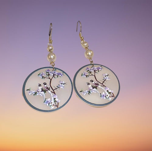 Elegantly Crafted Ancient Chinese Magpie Embracing Spring Blossom Earrings