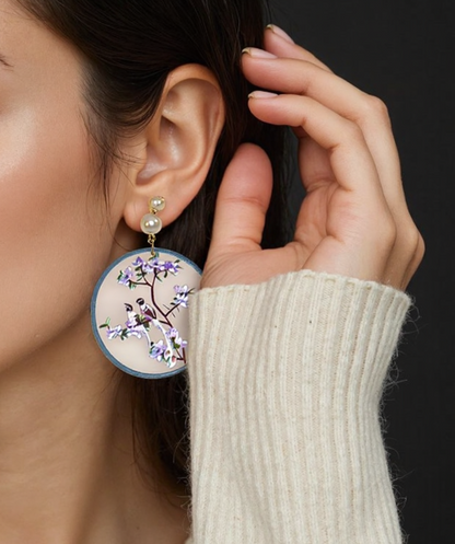 Elegantly Crafted Ancient Chinese Magpie Embracing Spring Blossom Earrings